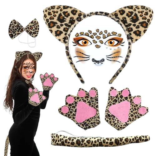 6 Stück Leoparden Kostüm Zubehör, Leopardenkostüm Cosplay Set, Leopard Ohren Stirnband, Fliege, Leoparden Handschuhe, Schwanz, Leopard Gesicht Aufkleber, Tier Verkleiden Set für Karneval Halloween von LEOEASIY