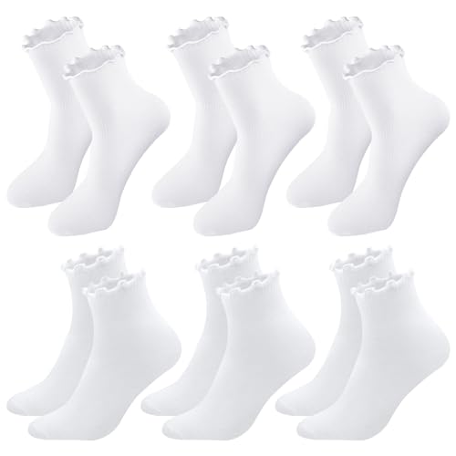 LEOEASIY 6 Paar Rüschen Socken Damen,Söckchen mit Rüschen,Trachtensocken Damen, Damen Söckchen,Rüschensocken,Süß,Bequem,Schweißabsorbierend und Atmungsaktiv,Geeignet von LEOEASIY