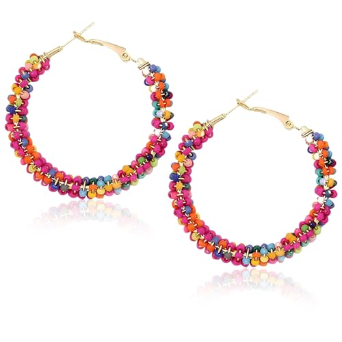 LEOEASIY Perlen Ohrringe Böhmische, Creolen Bunt Hoop Anhänger Ohrring, Frau Modische Bunte Ohrringe Böhmische Ohrbügel Ohrring für Mädchen, Kann mit verschiedenen Partykleidern und Freizeitkleidung von LEOEASIY