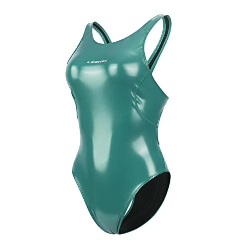 LEOHEX Crystal Diamond Starlight Enamel Gloss Shiny Wetlook Racing Badeanzug Slim Bodysuit Monokini, Grün , XL von LEOHEX