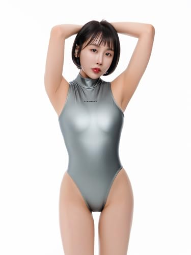 LEOHEX Damen Badeanzug Hochkragen Schwimmanzug Einteiler Rückenreißverschluss Matte Beschichtung Bademode(M,Silber) von LEOHEX