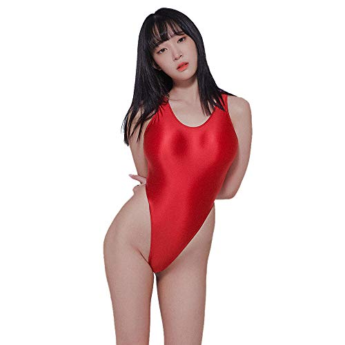 LEOHEX Damen Glänzend Einteiliger Badeanzug Tanga Sexy Bikini Schwimmanzug Monokini(XL,Rot) von LEOHEX