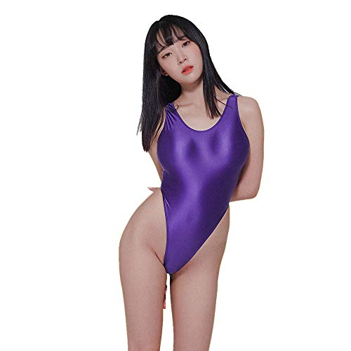 LEOHEX Damen Glänzend Einteiliger Badeanzug Tanga Sexy Bikini Schwimmanzug Monokini(XL,Violett) von LEOHEX