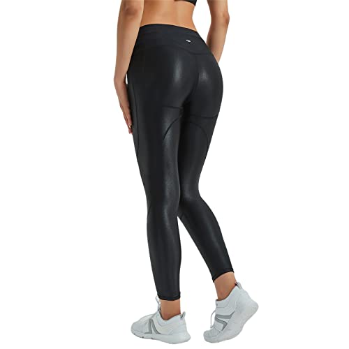 LEOHEX Damen Glänzend Splicing Mid Rise Legging Naked Feeling Stretch Workout Yogahose (S, Schwarz) von LEOHEX