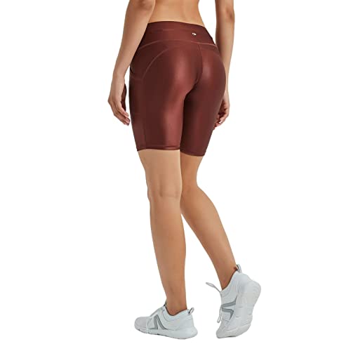 LEOHEX Glänzende Bikershorts Für Damen Schnell Trocknend Yoga-Leggings Mittelhohe Dehnbare Lässige Kurze Hose Mit Taschen (L, Braun) von LEOHEX