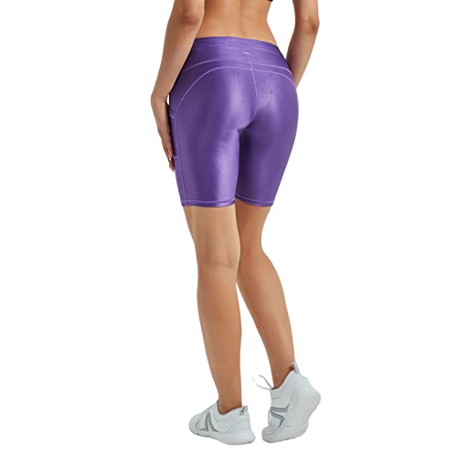 LEOHEX Glänzende Bikershorts Für Damen Schnell Trocknend Yoga-Leggings Mittelhohe Dehnbare Lässige Kurze Hose Mit Taschen (XL, Violett) von LEOHEX