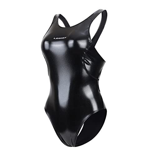 LEOHEX Kristall Diamant Starlight Einteiliger Badeanzug Glänzend Wetlook Enamel Bademode Slim Bodysuit Monokini Swimsuit(M,Schwarz) von LEOHEX