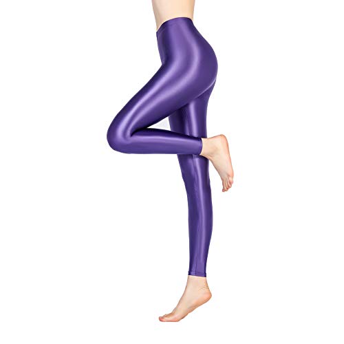 LEOHOX Sexy ölige Glänzende Blickdichte Damen Liquid Stretch High Rise Hochglanzgamaschen Strumpfhose Sport Leggings Fitness(XL,Violett) von LEOHEX