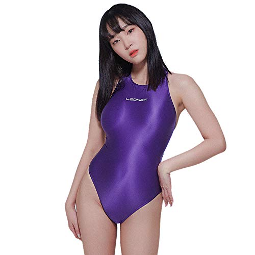 LEOHEX Sexy Satin Hochglanz Body Glänzend Bodysuit Einteiler Badeanzug Japan Skinsuit(M,Violett) von LEOHEX