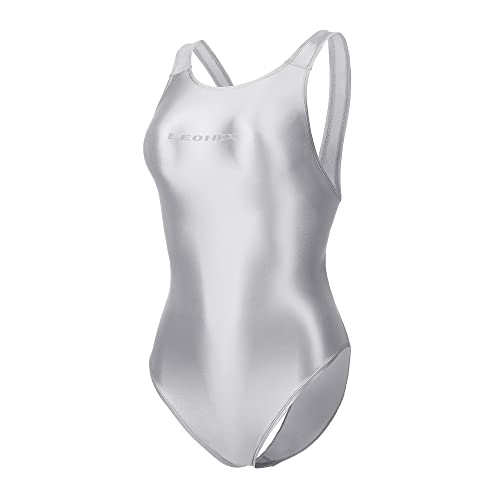 LEOHEX Sexy Satin Hochglanz Body Glänzend Bodysuit Einteiler Badeanzug Japan Skinsuit (L, Silber) von LEOHEX