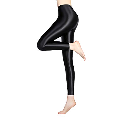 LEOHOX Sexy ölige Glänzende Blickdichte Damen Liquid Stretch High Rise Hochglanzgamaschen Strumpfhose Sport Leggings Fitness(M,Schwarz) von LEOHEX