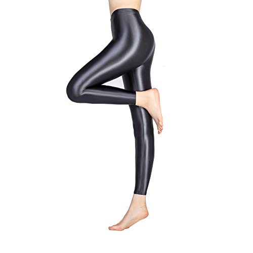 LEOHOX Sexy ölige Glänzende Blickdichte Damen Liquid Stretch High Rise Hochglanzgamaschen Strumpfhose Sport Leggings Fitness（XXL,Grau） von LEOHEX