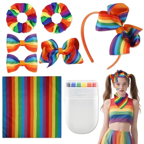 Blatt Rainbow Temporäre Tattoo LGBTQ+ Pride Zubehör- Set mit Regenbogen-Band, Haarschmuck, Scrunchies Haargummi Groß,Gesichtsbemalung und mehr - 1 Regenbogen-Haarband, 3 Regenbogen-Schleifen von LEOINAER