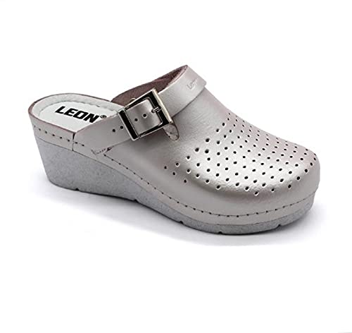 LEON 1000 Lederschuhe Clog Pantolette Komfortschuhe Hausschuhe, Damen, Perle, EU 40 von LEON