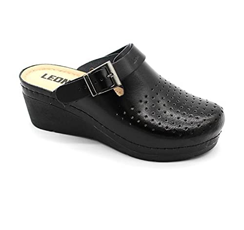 LEON 1000 Lederschuhe Clog Pantolette Komfortschuhe Hausschuhe, Damen, Schwarz, EU 40 von LEON