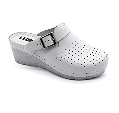 LEON 1000 Lederschuhe Clog Pantolette Komfortschuhe Hausschuhe, Damen, Weiß, EU 38 von LEON