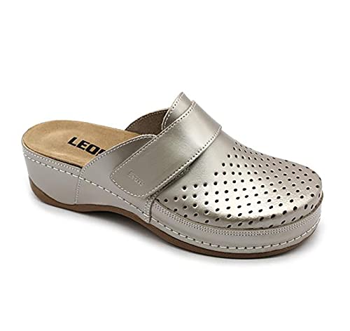 LEON 2022 Lederschuhe Clog Pantolette Komfortschuhe Hausschuhe, Damen, Champagner, EU 41 von LEON