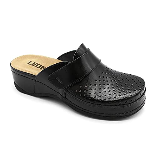LEON 2022 Lederschuhe Clog Pantolette Komfortschuhe Hausschuhe, Damen, Schwarz, EU 38 von LEON