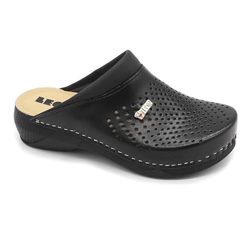 LEON 3400 Lederschuhe Clog Pantolette Komfortschuhe Hausschuhe, Damen, Schwarz, EU 41 von LEON