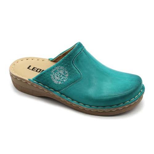 LEON 360 Komfortschuhe Lederschuhe Pantolette Clog Damen, Türkis, EU 37 von LEON