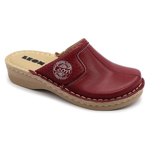 LEON 360 Lederschuhe Clog Pantolette Komfortschuhe Hausschuhe, Damen, Dunkelrot, EU 38 von LEON