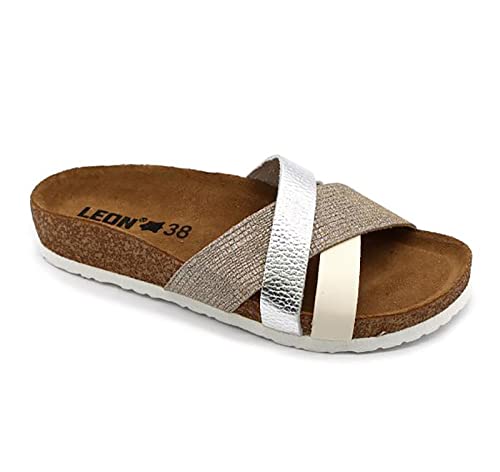 LEON 4201 Lederschuhe Sandalen Sandalette Clog Pantolette Komfortschuhe Hausschuhe, Damen, Silber, EU 37 von LEON