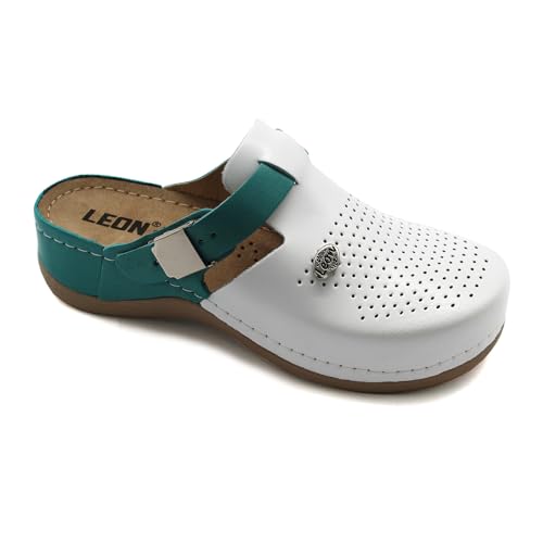 LEON 901 Komfortschuhe Lederschuhe Pantolette Hausschuhe Clog, Damen, Türkis, EU 38 von LEON