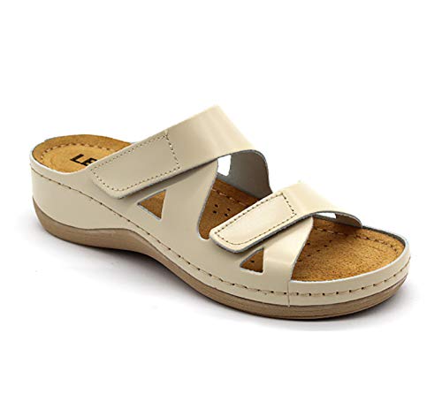 LEON 906 Komfortschuhe Lederschuhe Pantolette Hausschuhe Clog, Damen, Beige, EU 38 von LEON