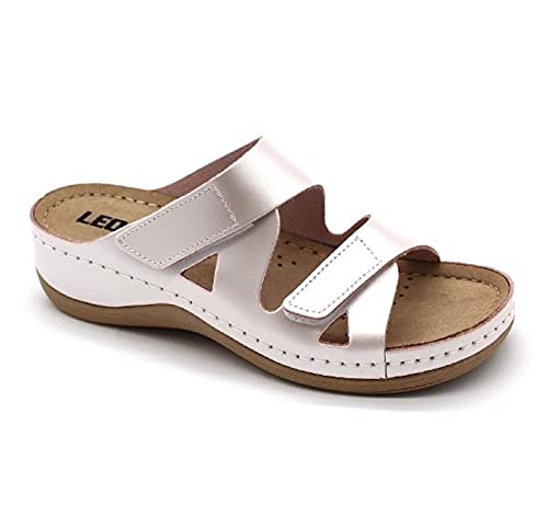 LEON 906 Lederschuhe Sandalen Sandalette Clog Pantolette Komfortschuhe Hausschuhe, Damen, Perle, EU 39 von LEON