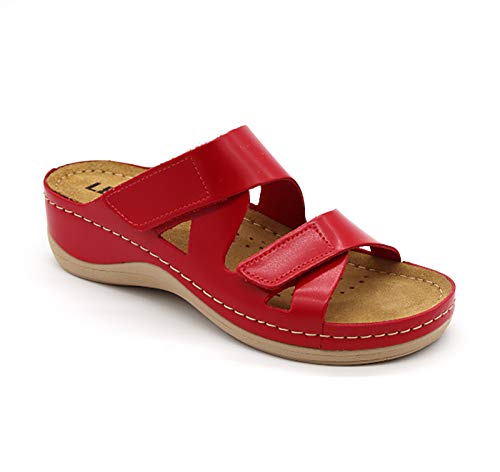 LEON 906 Sandalen Komfortschuhe Lederschuhe Pantolette Hausschuhe Clog, Damen, Rot, EU 38 von LEON