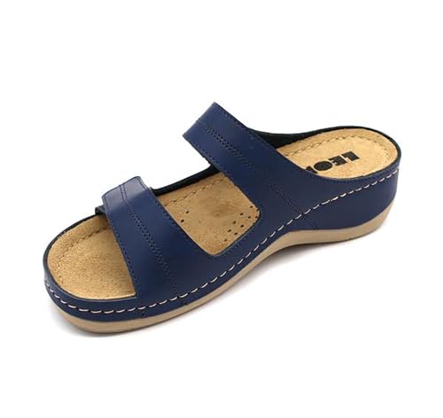 LEON 907 Lederschuhe Sandalen Sandalette Clog Pantolette Komfortschuhe Hausschuhe, Damen, Blau, EU 38 von LEON