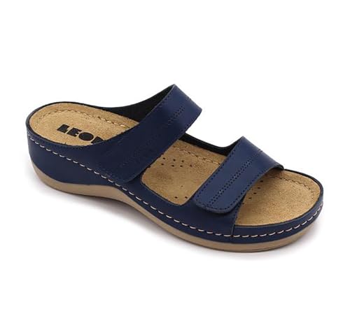 LEON 907 Lederschuhe Sandalen Sandalette Clog Pantolette Komfortschuhe Hausschuhe, Damen, Blau, EU 39 von LEON