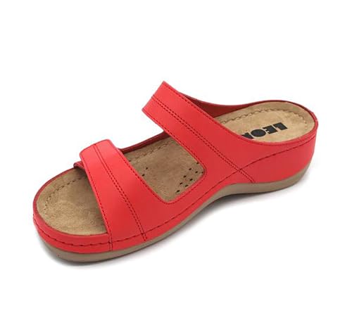 LEON 907 Lederschuhe Sandalen Sandalette Clog Pantolette Komfortschuhe Hausschuhe, Damen, Rot, EU 39 von LEON