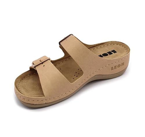 LEON 908 Lederschuhe Sandalen Sandalette Clog Pantolette Komfortschuhe Hausschuhe, Damen, Beige, EU 37 von LEON