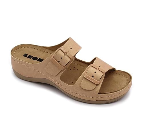 LEON 908 Lederschuhe Sandalen Sandalette Clog Pantolette Komfortschuhe Hausschuhe, Damen, Beige, EU 37 von LEON