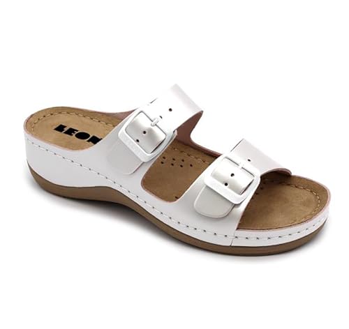 LEON 908 Lederschuhe Sandalen Sandalette Clog Pantolette Komfortschuhe Hausschuhe, Damen, Perle, EU 38 von LEON