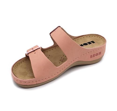 LEON 908 Lederschuhe Sandalen Sandalette Clog Pantolette Komfortschuhe Hausschuhe, Damen, Rose, EU 39 von LEON