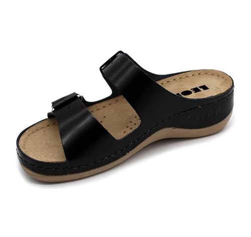 LEON 908 Lederschuhe Sandalen Sandalette Clog Pantolette Komfortschuhe Hausschuhe, Damen, Schwarz, EU 38 von LEON