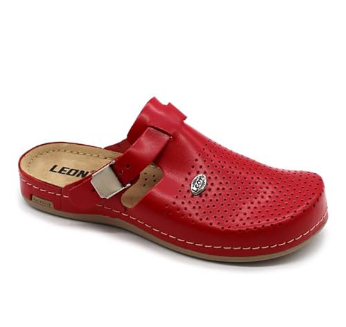 LEON 950 Lederschuhe Clog Pantolette Komfortschuhe Hausschuhe, Damen, Rot-WH, EU 36 von LEON