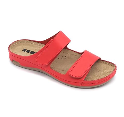LEON 954 Lederschuhe Sandalen Sandalette Clog Pantolette Komfortschuhe Hausschuhe, Damen, Rot, EU 37 von LEON