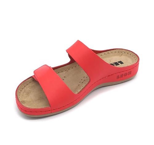 LEON 954 Lederschuhe Sandalen Sandalette Clog Pantolette Komfortschuhe Hausschuhe, Damen, Rot, EU 38 von LEON