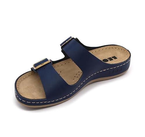 LEON 955 Lederschuhe Sandalen Sandalette Clog Pantolette Komfortschuhe Hausschuhe, Damen, Blau, EU 38 von LEON