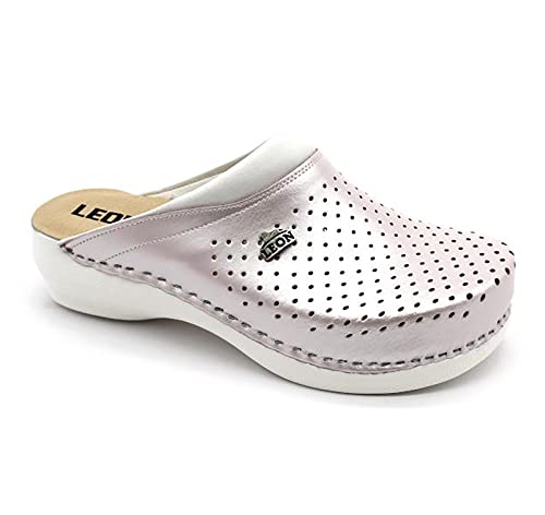 LEON PU100 Lederschuhe Clog Pantolette Komfortschuhe Hausschuhe, Damen, Perle, EU 36 von LEON
