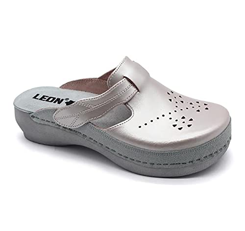 LEON PU156 Lederschuhe Clog Pantolette Komfortschuhe Hausschuhe, Damen, Perle, EU 37 von LEON