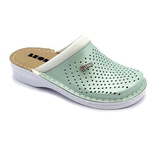 LEON V262 Lederschuhe Clog Pantolette Komfortschuhe Hausschuhe, Damen, Grün, EU 38 von LEON