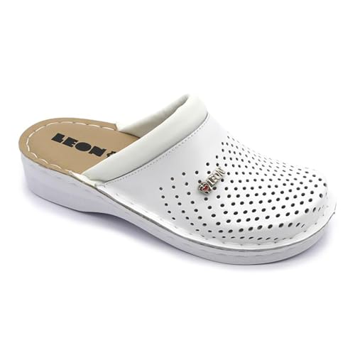 LEON V262 Lederschuhe Clog Pantolette Komfortschuhe Hausschuhe, Damen, Weiß, EU 41 von LEON
