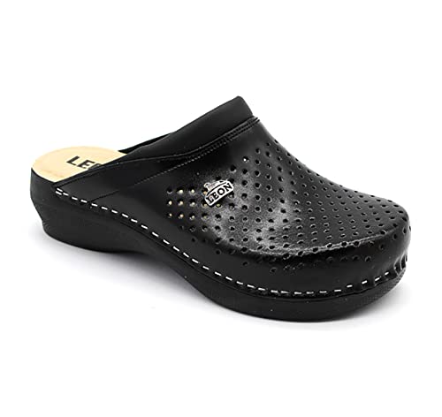 Leon PU100 Komfortschuhe Lederschuhe Pantolette Clog Damen, Schwarz, EU 36 von LEON