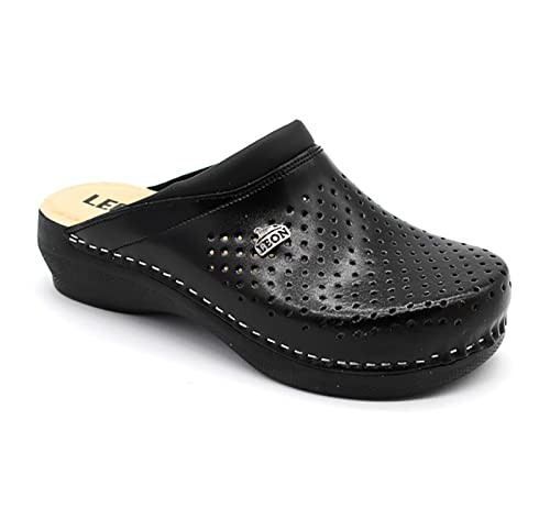 Leon PU100 Komfortschuhe Lederschuhe Pantolette Clog Damen, Schwarz, EU 37 von LEON