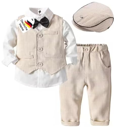 LEONARDINO Baby Jungen Bekleidung Set | Taufe | Junge 5tlg mit Fliege + Weste + Hut Gentleman Langarm Anzug | Outfit für festliche Anlässe | Geburtstag | Hochzeit von LEONARDINO