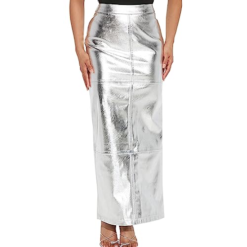 LEOROO Lange Röcke für Frauen Trendy Hohe Taille A Linie Business Casual Leder Maxirock mit Schlitz Elegant, silber, Mittel von LEOROO